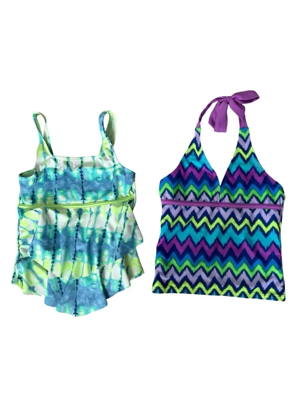 Justice Swim Tops (2) Tankini Ruffle Tie Dye Geometric Neck Tie Girls Size 8